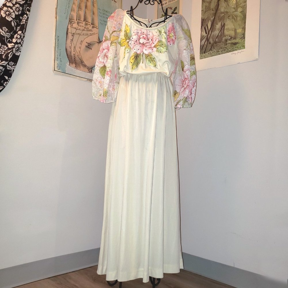 SOLD Vtg 1970 Pearl White Floral Lilly Diamond Midi Day Dress Easter Spring S XS